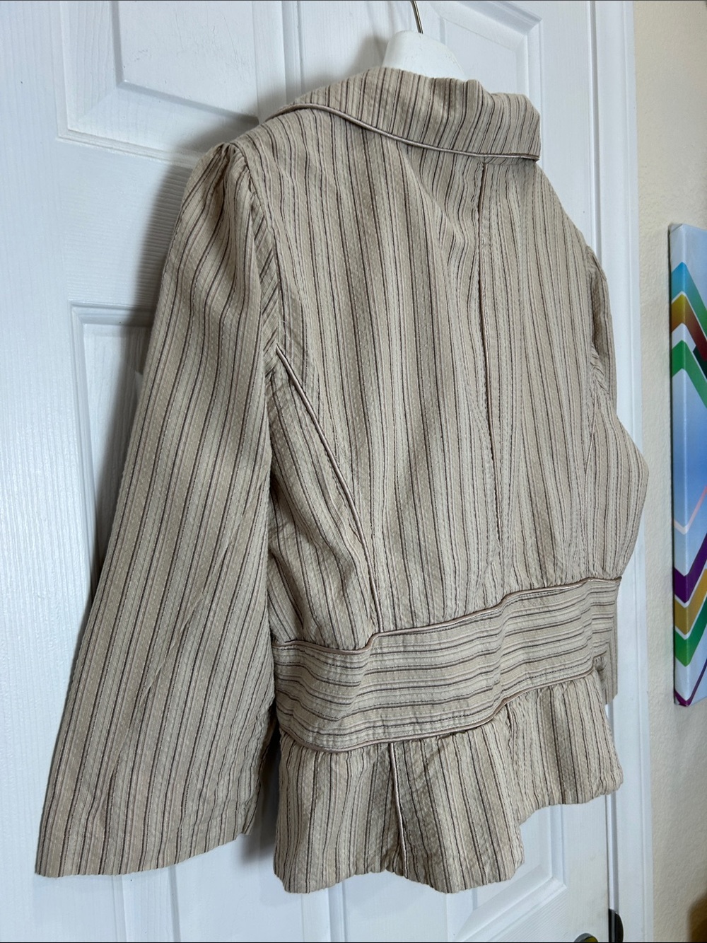 MIXIT Tan Neutral Pinstripe Cropped Peplum Blazer Jacket Cotton Plus Size 1X - Picture 8 of 11
